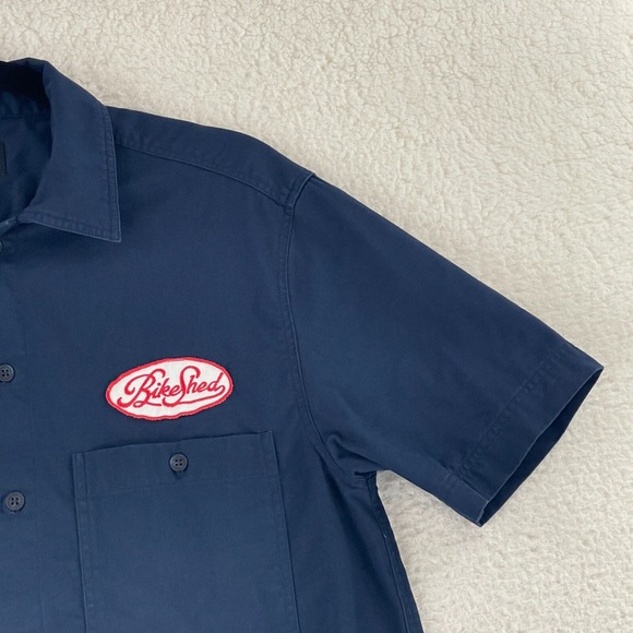 Bike Shed Motorcycle Club Blue Garage Patch Shirt Mens Button-Up Size Small - Picture 4 of 14